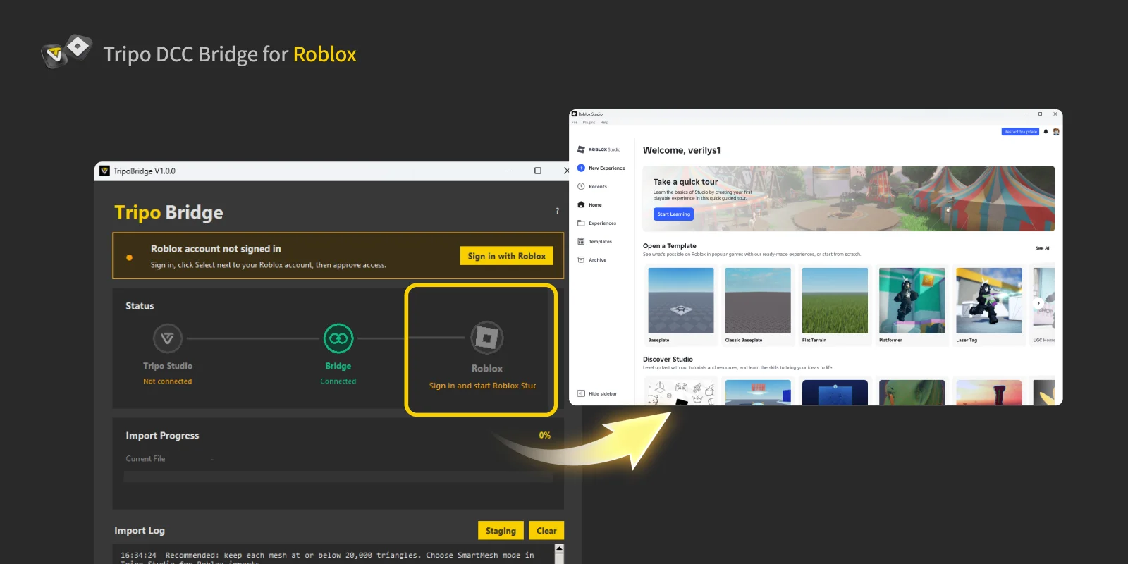 Tripo Bridge and Roblox Studio connection panel