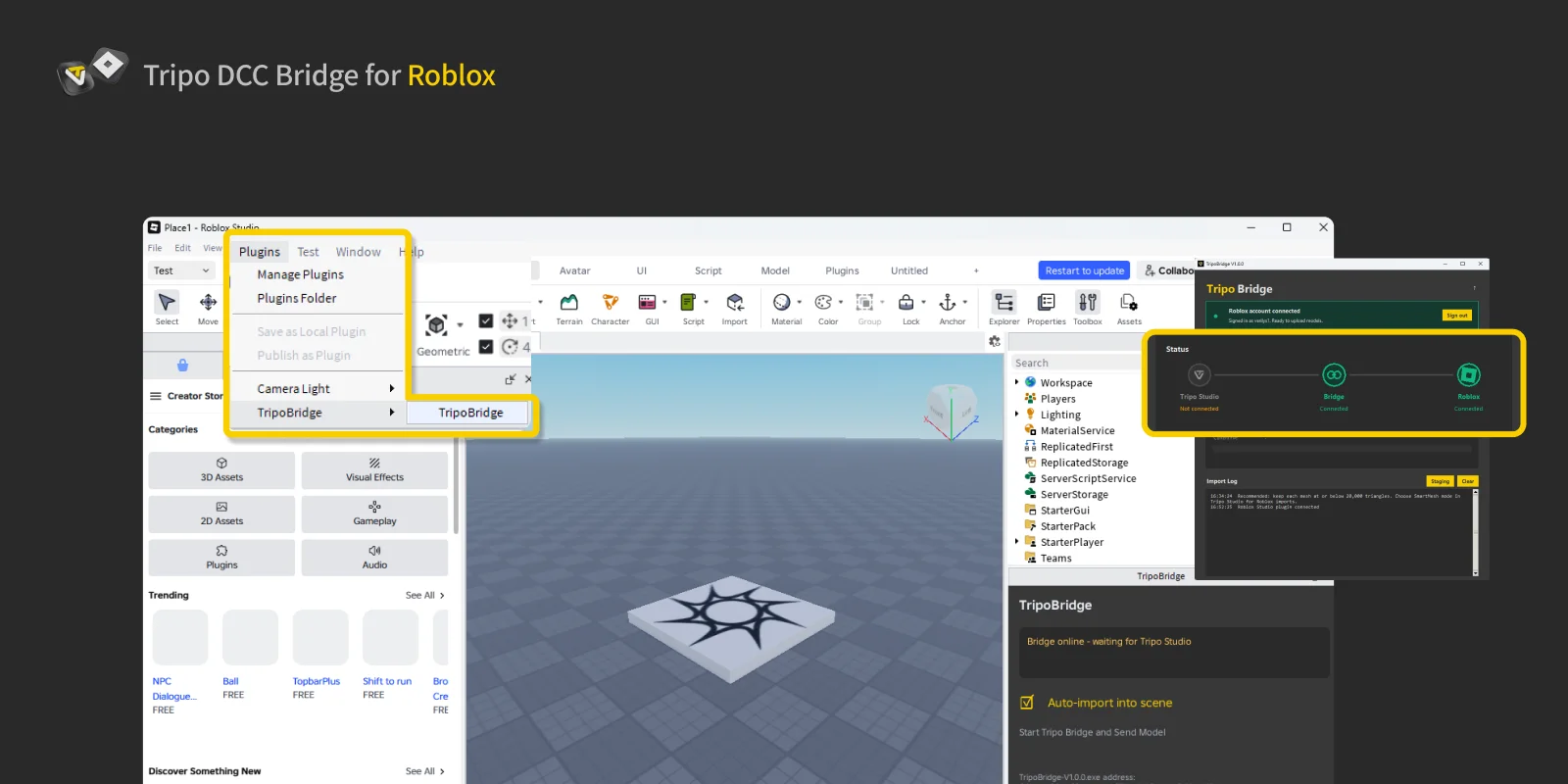 Roblox Studio Tripo Bridge plugin panel