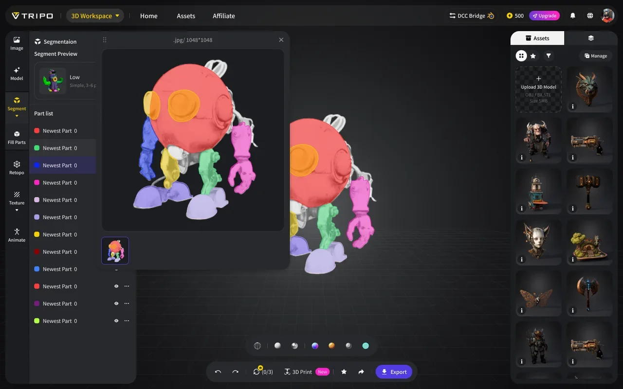 Segmentation result panel with color-coded parts