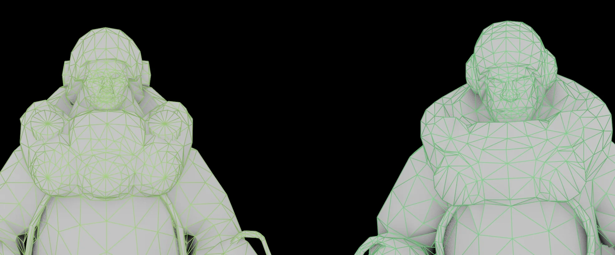 Vergleich von Topologie und Silhouette: Meshy T2 links, Tripo Smart Mesh P1.0 rechts.