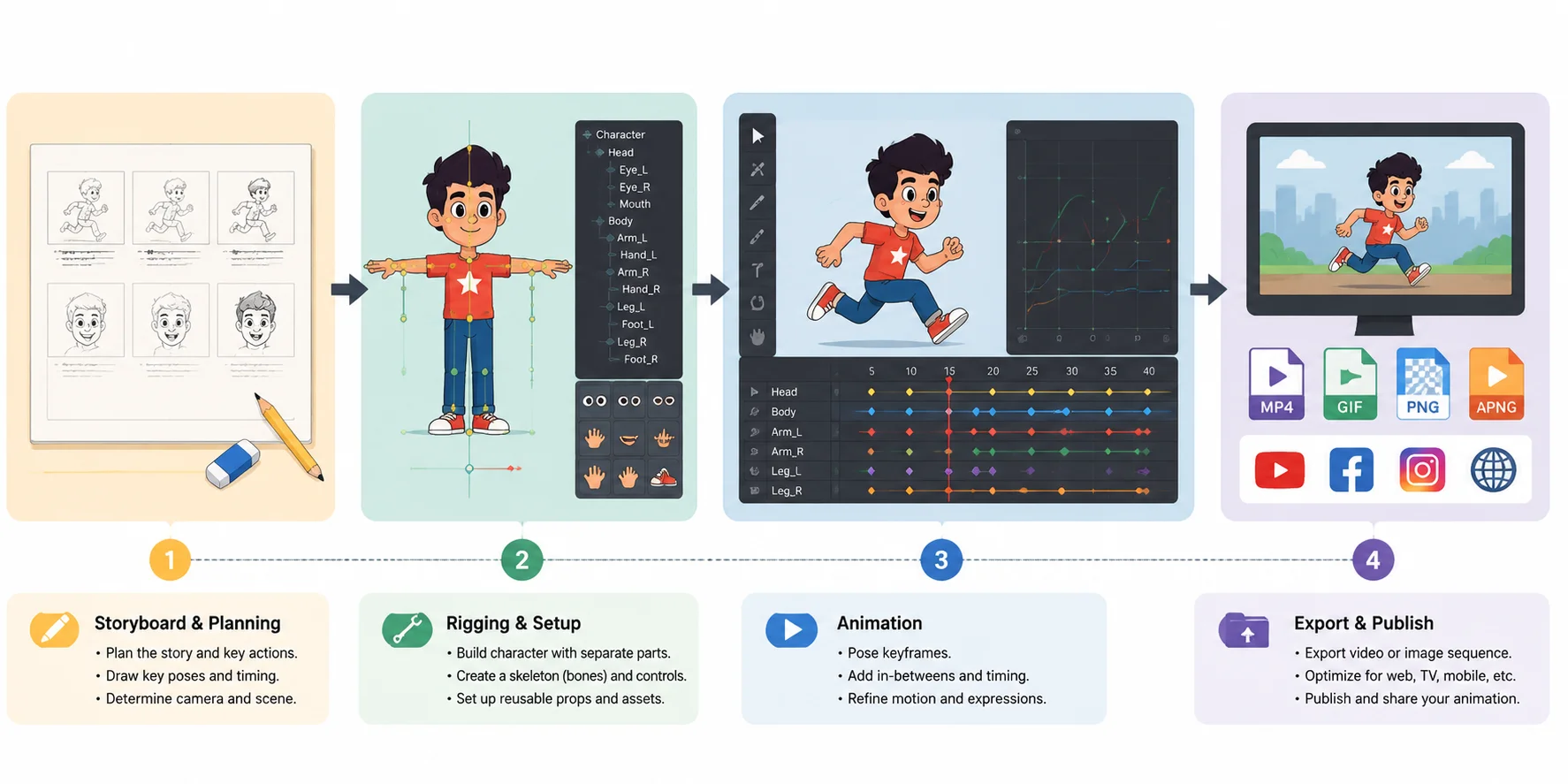 2d animation pipeline from storyboard and rigging to animation and export