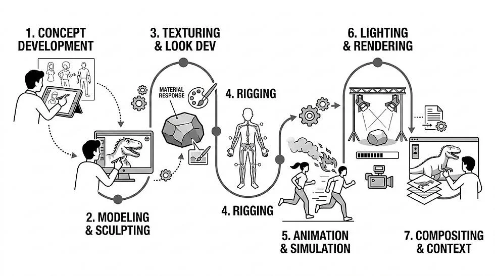 3d animation production pipeline from concept development to rendering and compositing