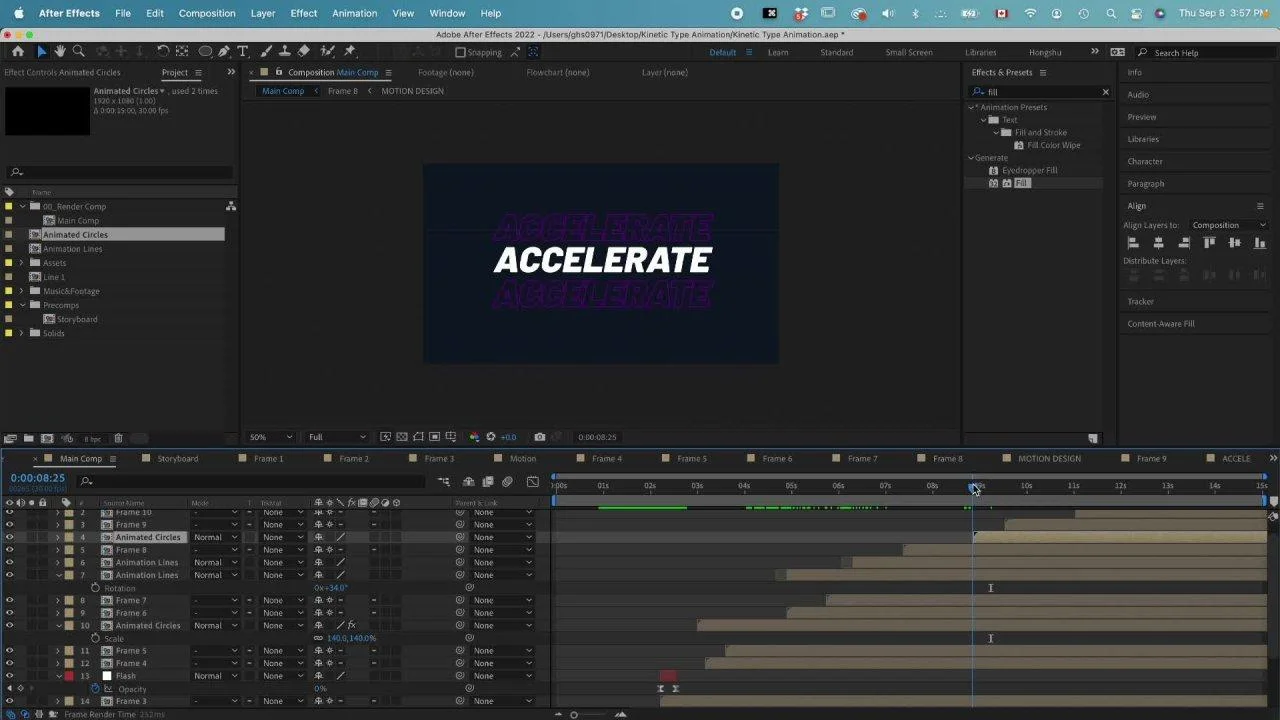 adobe after effects interface showing animated typography for motion graphics