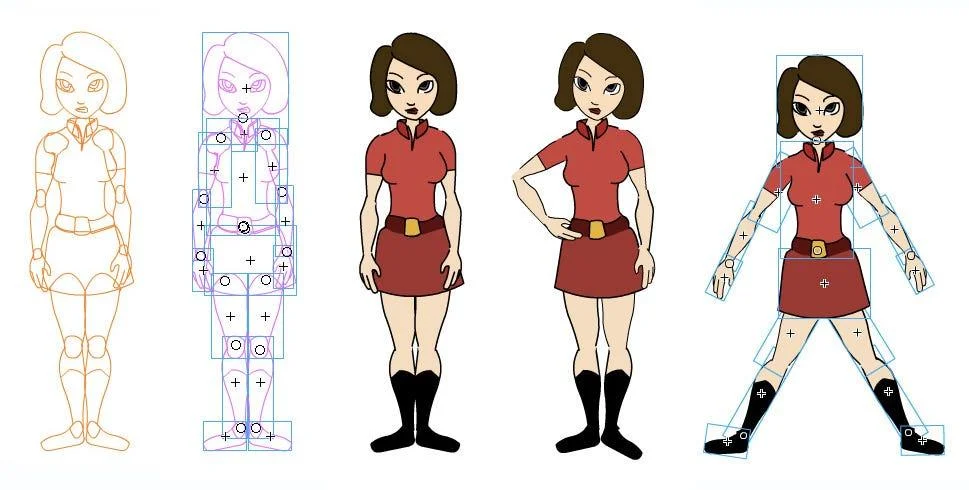rigged vector 2d character showing line art bones and colored artwork