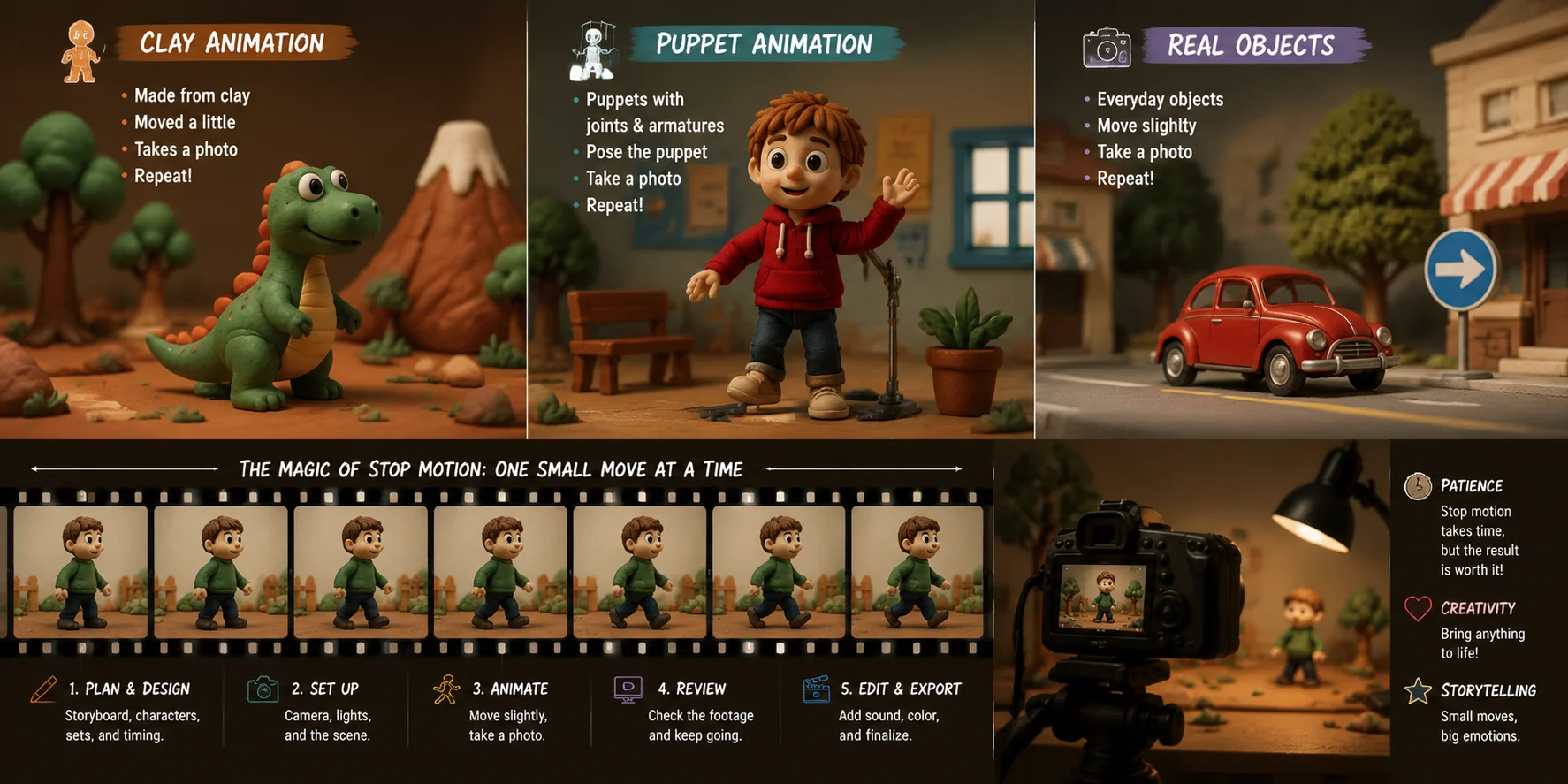 stop motion animation substyles using clay puppets and real objects