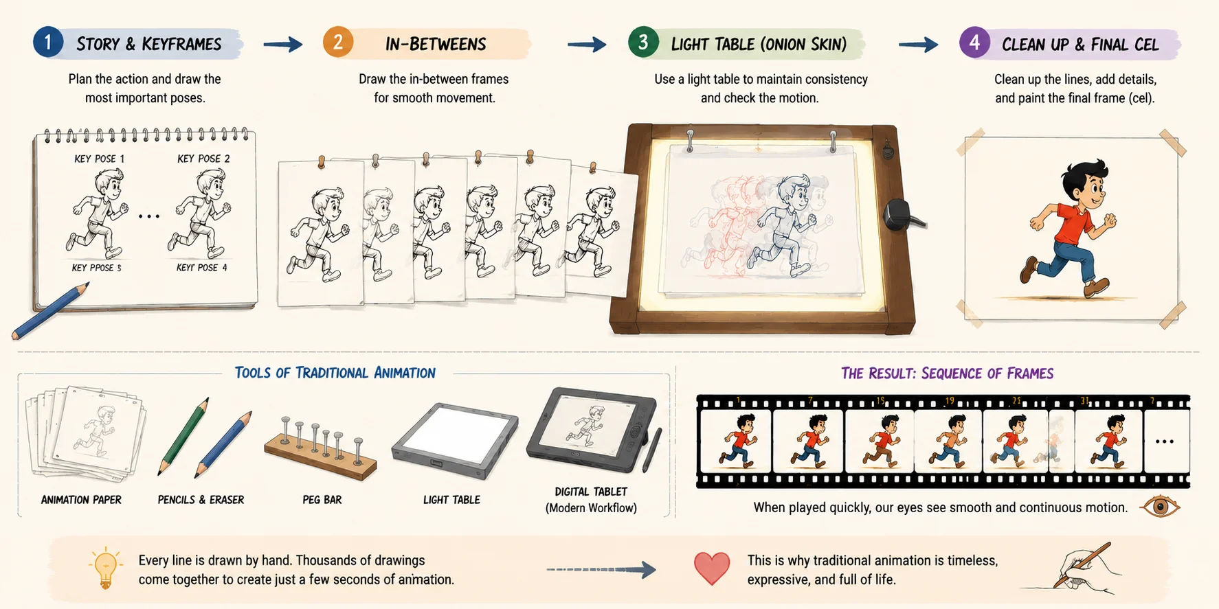 traditional hand drawn animation workflow from keyframes to final film