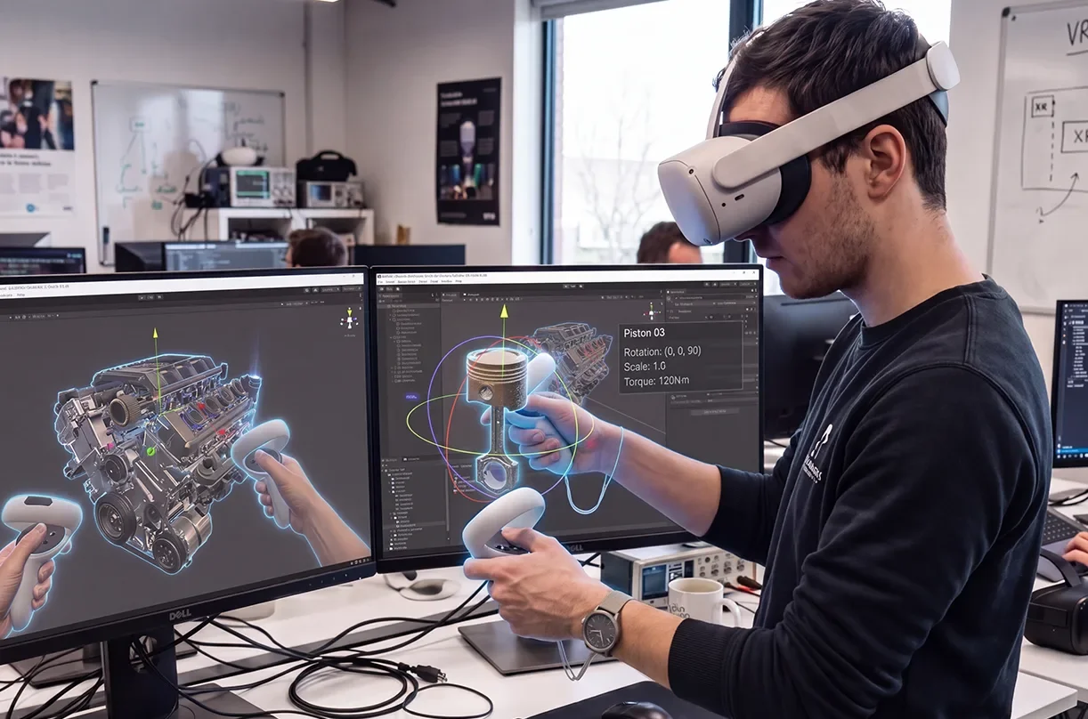 佩戴 VR 头显的设计师正在调整 3D 引擎部件，用于工业概念探索