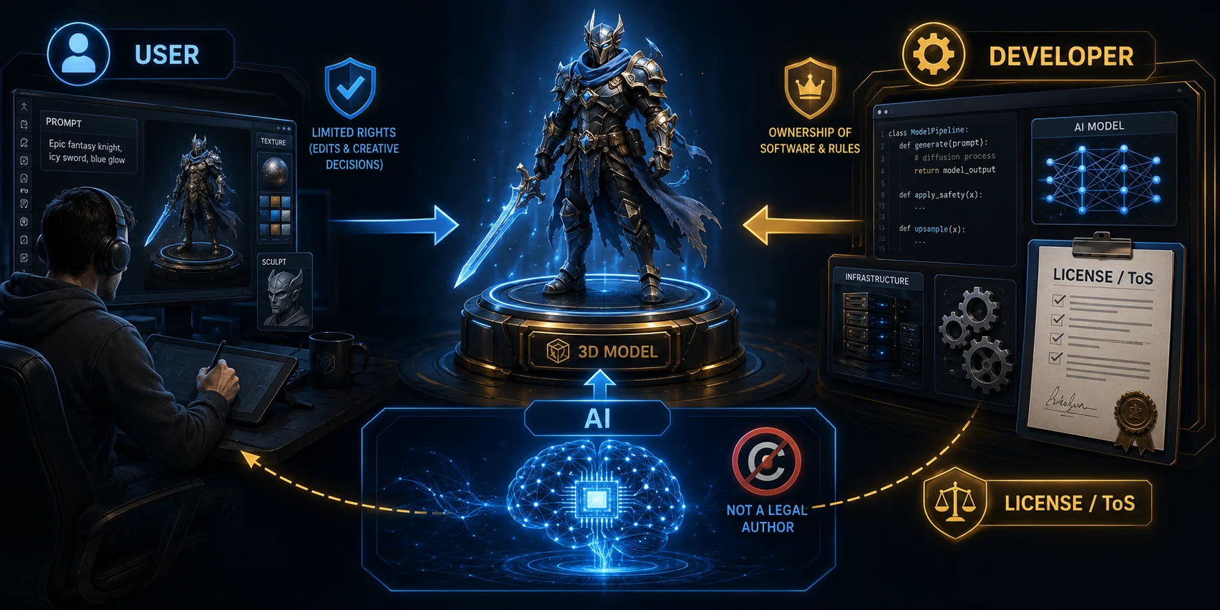 who owns ai generated 3d models who are the claimants user developer or ai