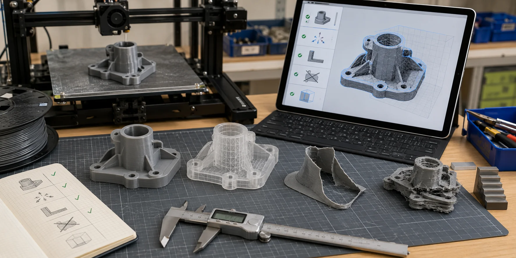 printable and failed 3d printed parts with mesh check