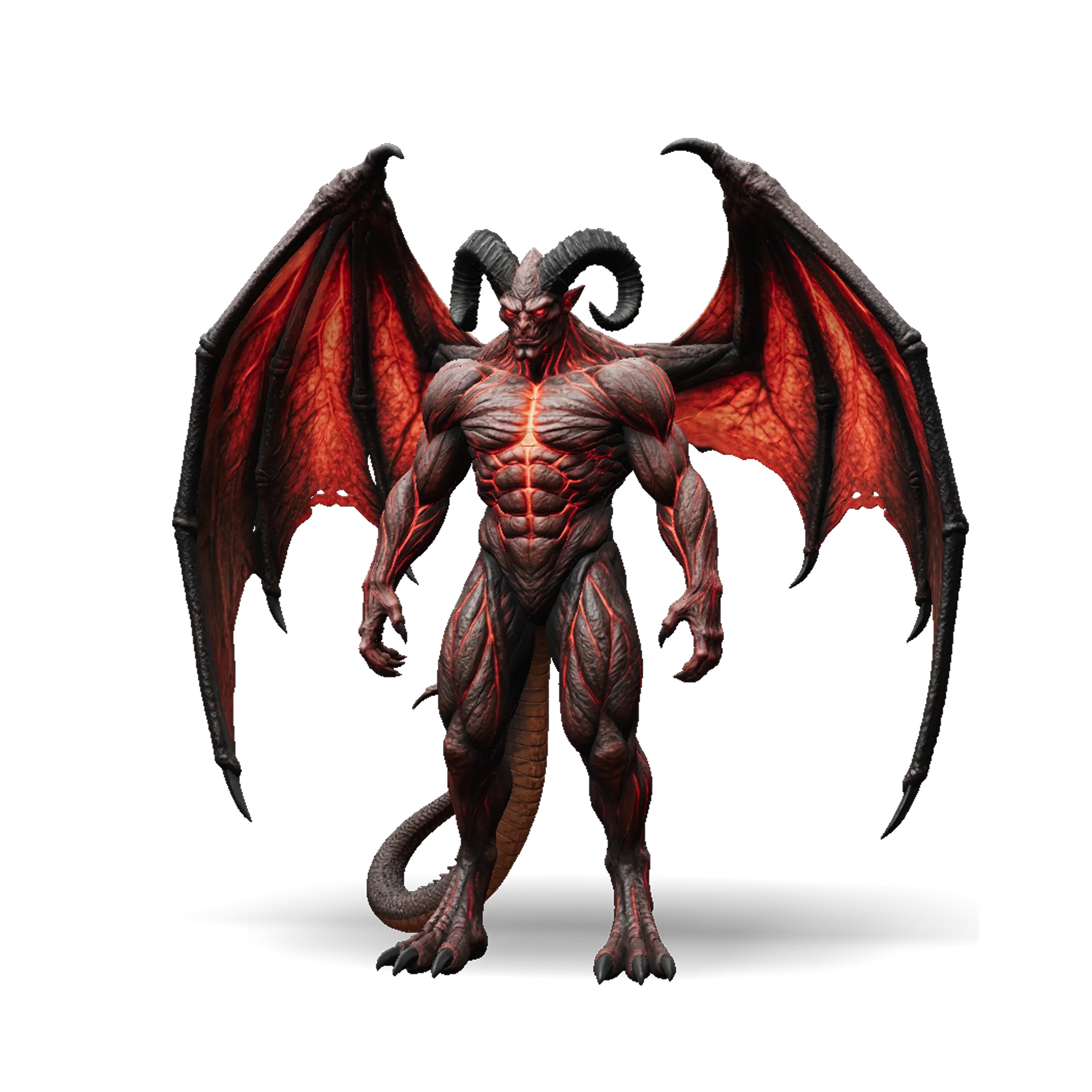 Winged demon 3D model with red glowing veins, horned head and bat-like wings, made in Tripo AI