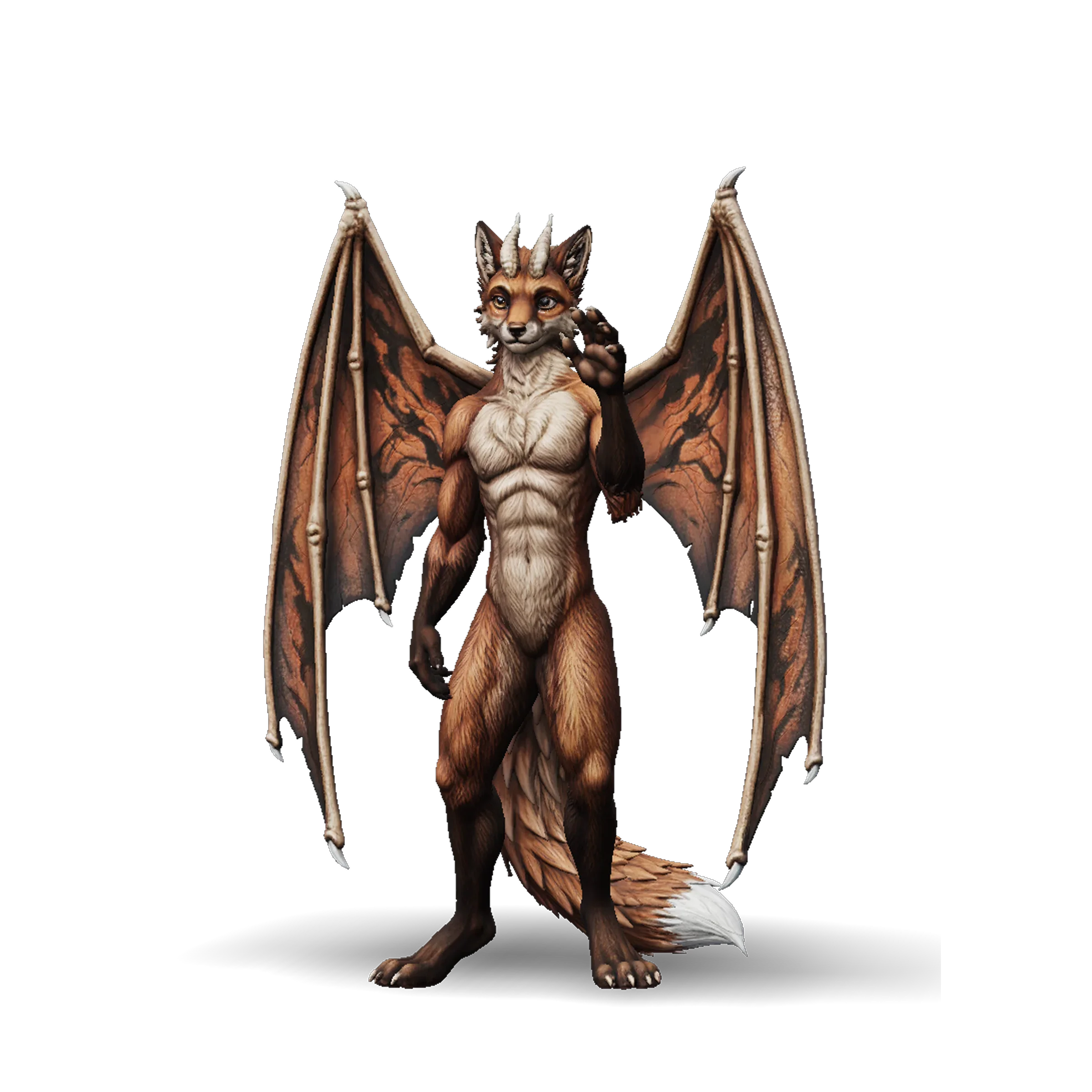 Winged fantasy creature with dragon-wolf features, brown fur, white chest and large leathery wings