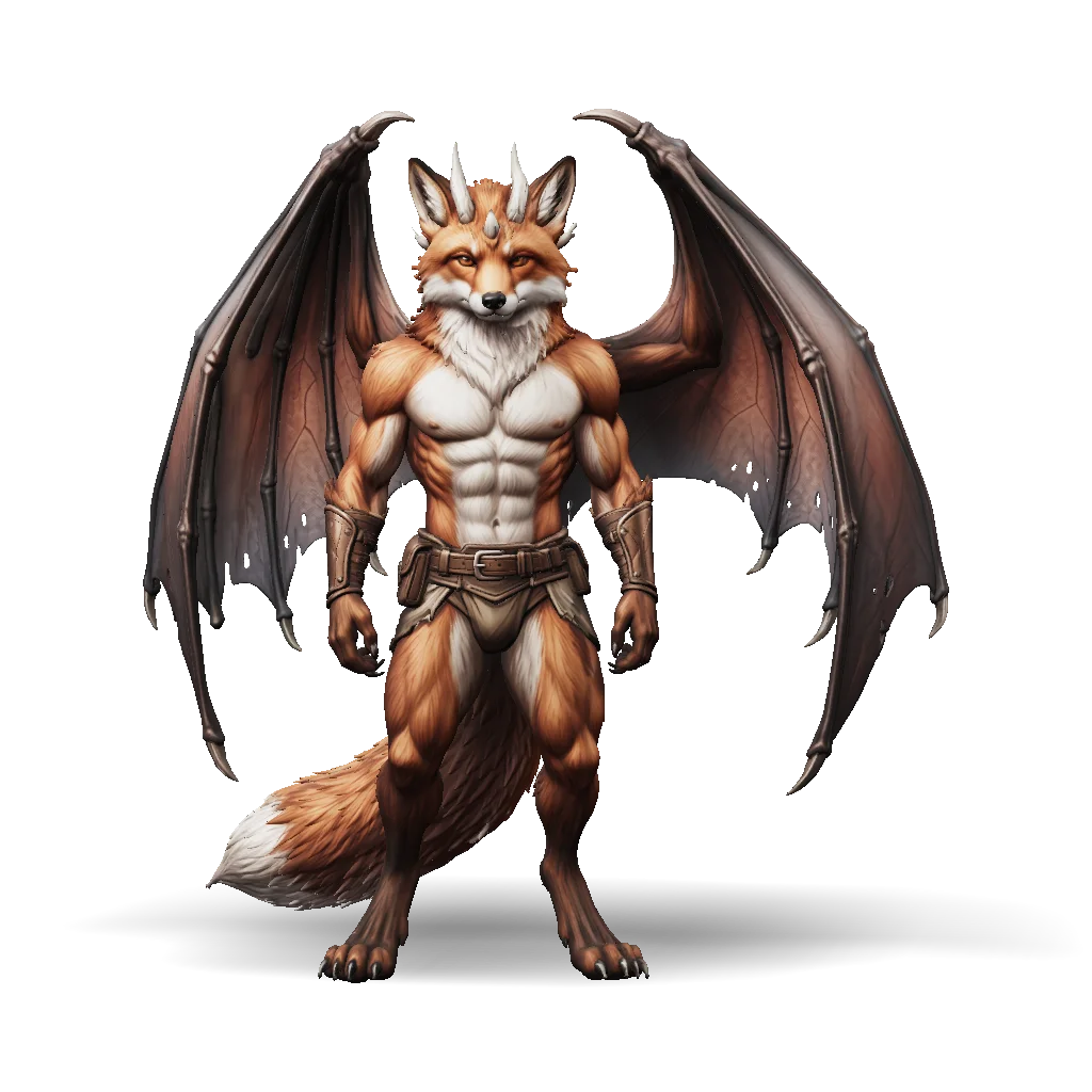 Winged fox warrior with brown-and-white fur and large, bat-like wings