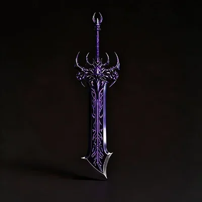 Glowing purple fantasy sword with ornate spiked hilt and runed blade.