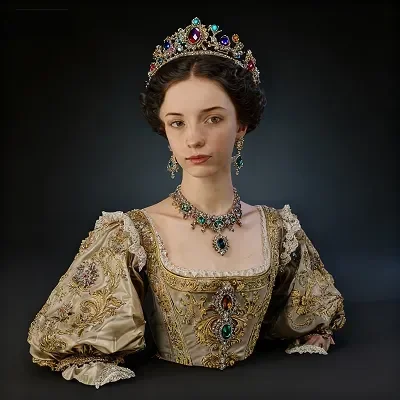 queen figure with gold-embroidered gown, ornate crown, and emerald jewelry.